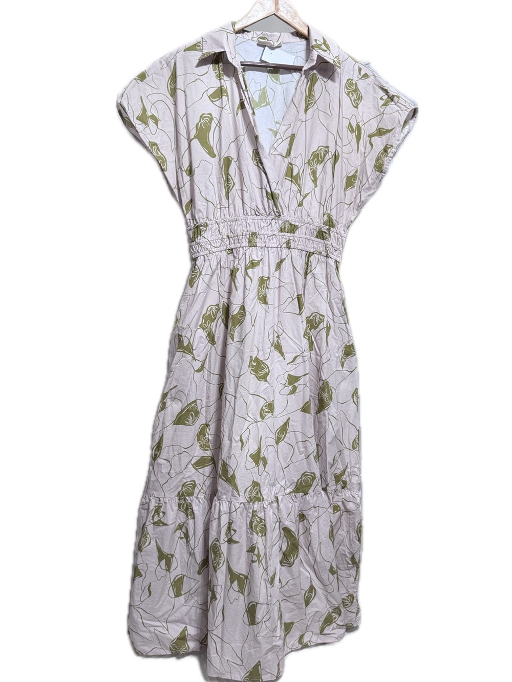 MELLODAY Light Pink & Olive Green Floral Poplin Tiered Maxi Dress, Size L